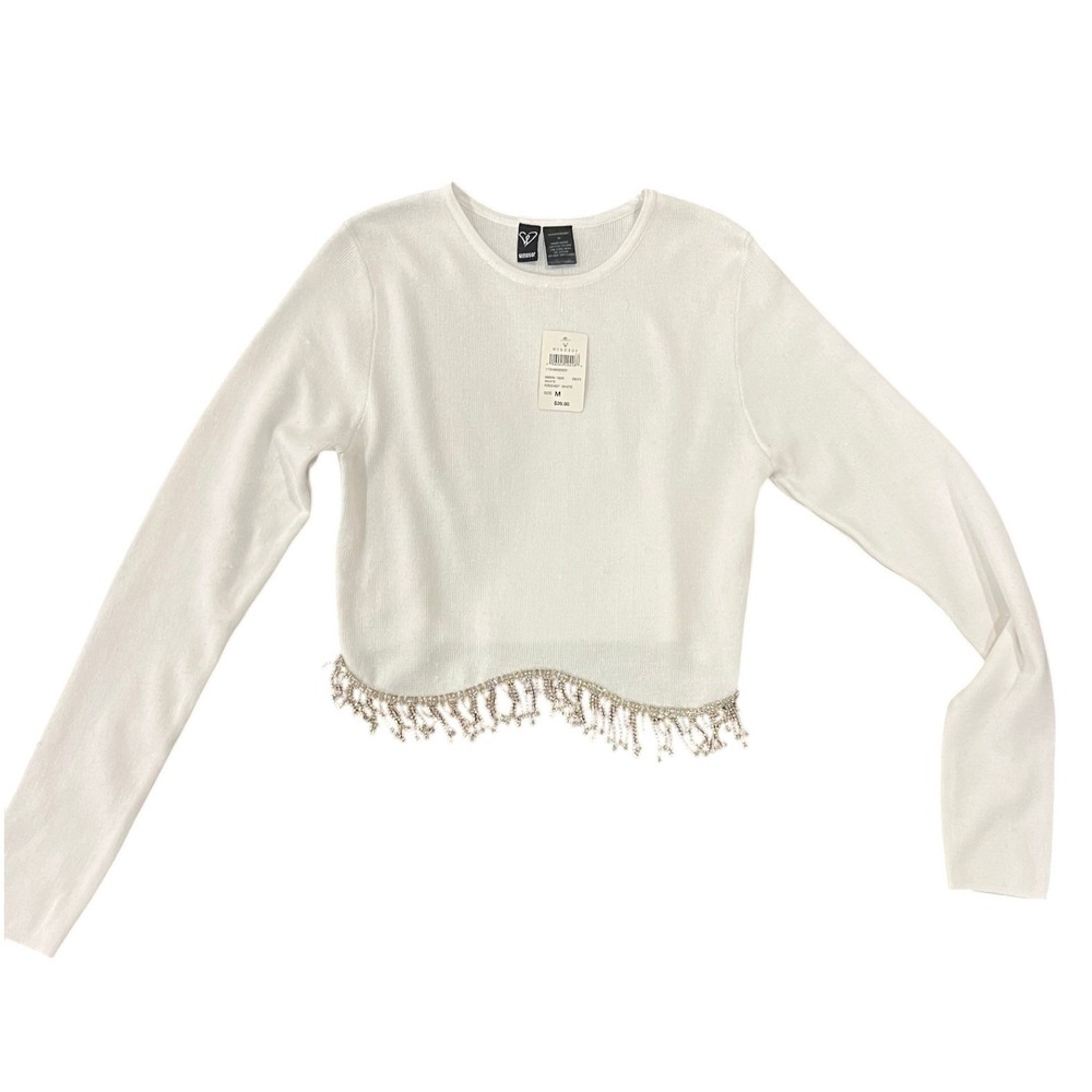 NWT‎ Windsor White Rhinestone Fringe Long Sleeve Crop Sweater Top Medium M
